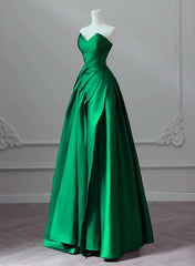 A-line Green Satin Lace-up Floor Length Party Dresses, Green Satin Prom Dresses