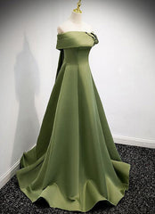 A-line Green Satin Off Shoulder Long Evening Dresses, Green Floor Length Prom Dresses