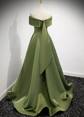 A-line Green Satin Off Shoulder Long Evening Dresses, Green Floor Length Prom Dresses