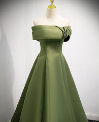 A-line Green Satin Off Shoulder Long Evening Dresses, Green Floor Length Prom Dresses