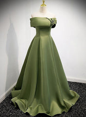 A-line Green Satin Off Shoulder Long Evening Dresses, Green Floor Length Prom Dresses