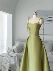 A-line Green Satin Spaghetti Straps Prom Dress