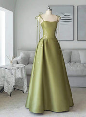 A-line Green Satin Spaghetti Straps Prom Dresses