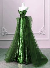 A-Line Green Sequins And Tulle Long Party Dresses, Green Evening Dresses Formal Dresses