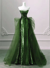 A-Line Green Sequins And Tulle Long Party Dresses, Green Evening Dresses Formal Dresses