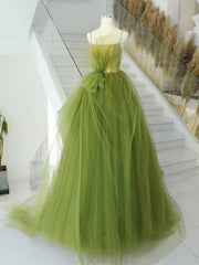 A-Line Green Tulle Long Prom Dresses, Green Tulle Long Evening Dresses