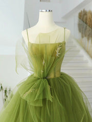 A-Line Green Tulle Long Prom Dresses, Green Tulle Long Evening Dresses