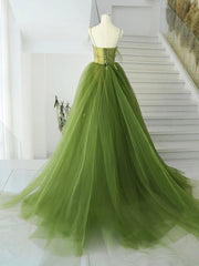 A-Line Green Tulle Long Prom Dresses, Green Tulle Long Evening Dresses