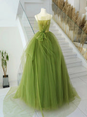 A-Line Green Tulle Long Prom Dresses, Green Tulle Long Evening Dresses