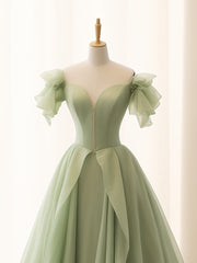 A-Line Green Tulle Long Prom Dresses, Green Tulle Long Formal Dresses