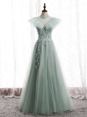 A-Line Green Tulle Sequins High Neck Backless Appliques Prom Dresses