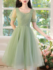 A-Line Green Tulle Short Prom Dresses, Green Short Formal Dresses