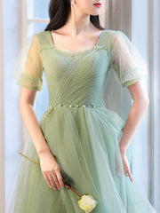 A-Line Green Tulle Short Prom Dresses, Green Short Formal Dresses