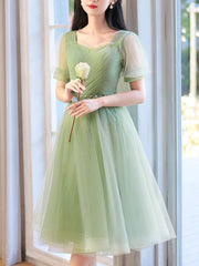 A-Line Green Tulle Short Prom Dresses, Green Short Formal Dresses