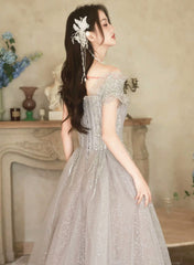 A-line Grey Shiny Tulle Off Shoulder Party Dresses, Grey Beaded Prom Dresses Evening Dresses