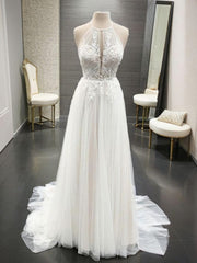 A-line Halter Appliques Lace Sweep Train Tulle Wedding Dresses