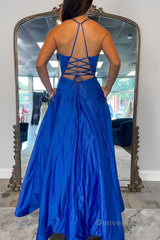 A Line Halter Blue Long Prom Dress with Criss Cross Back