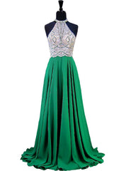 A-line Halter Sleeveless Beaded Floor Length Chiffon Prom Dresses