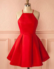 A-Line Halter Sleeveless Short Red Satin Homecoming Dresses