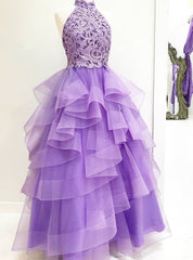 A-Line High Neck Light Purple Tulle Appliques Long Prom Dresses with Beading