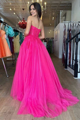 A-Line Hot Pink Tulle Lace StraplessLong Prom Dresses