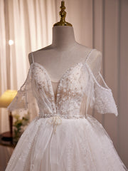 A-line Ivory Beaded Tulle Long Wedding Party Dresses, Ivory Tulle Floor Length Prom Dresses