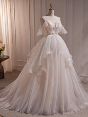 A-line Ivory Beaded Tulle Long Wedding Party Dresses, Ivory Tulle Floor Length Prom Dresses