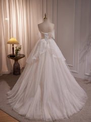 A-line Ivory Beaded Tulle Long Wedding Party Dresses, Ivory Tulle Floor Length Prom Dresses