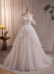 A-line Ivory Beaded Tulle Long Wedding Party Dresses, Ivory Tulle Floor Length Prom Dresses