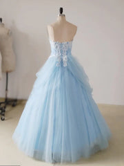 A-Line Lace Sweetheart Neck Blue Long Prom Dresses