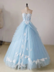 A-Line Lace Sweetheart Neck Blue Long Prom Dresses