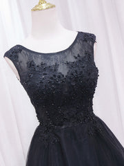 A-Line Lace Tulle Black Short Prom Dresses, High Low Black Homecoming Dresses