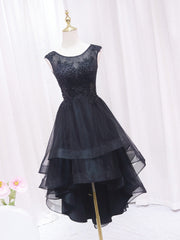 A-Line Lace Tulle Black Short Prom Dresses, High Low Black Homecoming Dresses