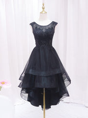 A-Line Lace Tulle Black Short Prom Dresses, High Low Black Homecoming Dresses