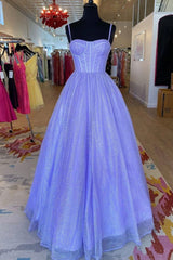 A-Line Lavender Shiny Tulle Prom Dresses, Long Spaghetti Strap Evening Dresses