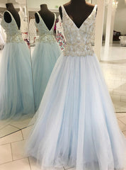 A-Line Light Blue Tulle V-neck Backless With Beading Prom Dresses