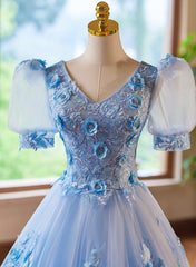 A-Line Light Blue Tulle With Lace Short Sleeves Prom Dresses, Tulle Sweet 16 Dresses