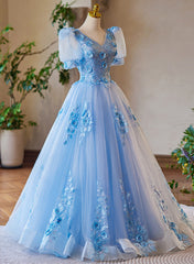 A-Line Light Blue Tulle With Lace Short Sleeves Prom Dresses, Tulle Sweet 16 Dresses