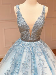 A Line Light Blue V Neck Lace Long Prom Dresses