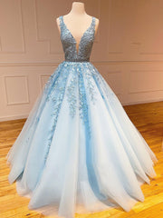 A Line Light Blue V Neck Lace Long Prom Dresses