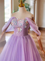 A-Line Light Purple Sweethart Lace Applique Party Dresses, Purple Long Prom Dresses