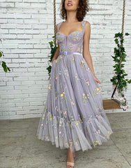 A-line Lilac Tea Length Tulle Prom Dresses with Embroidery