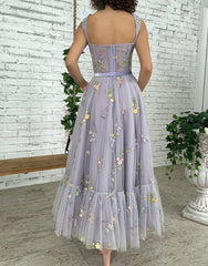 A-line Lilac Tea Length Tulle Prom Dresses with Embroidery