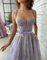 A-line Lilac Tea Length Tulle Prom Dresses with Embroidery