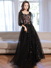 A-Line long sleeves Tulle Lace Black Long Prom Dresses, Black Lace Long Formal Dresses