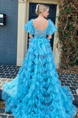 A-line Multi Tiered Printed Tulle Prom Dresses with Slit