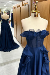 A Line Navy Blue Corset Ruffle Maxi Prom Dresses