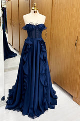 A Line Navy Blue Corset Ruffle Maxi Prom Dresses