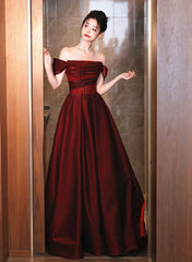 A-line Off Shoulder Beaded Wine Red Satin Prom Dresses, Wine Red Party Dresses