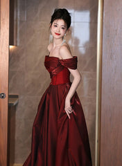 A-line Off Shoulder Beaded Wine Red Satin Prom Dresses, Wine Red Party Dresses